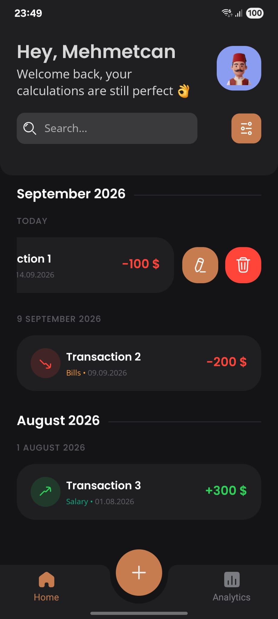 SelfFinance — Home screen, dark theme with swipeable row
