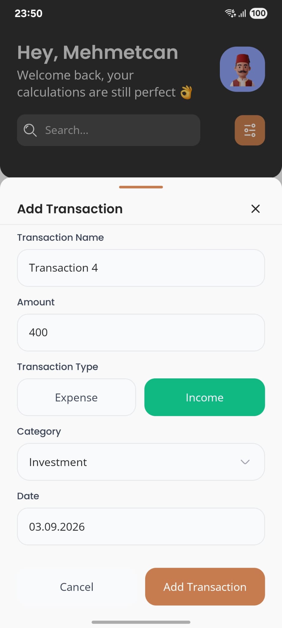 SelfFinance — Add/Edit transaction bottom sheet