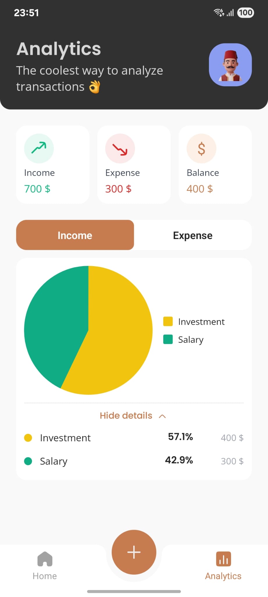SelfFinance — Analytics screen with pie chart
