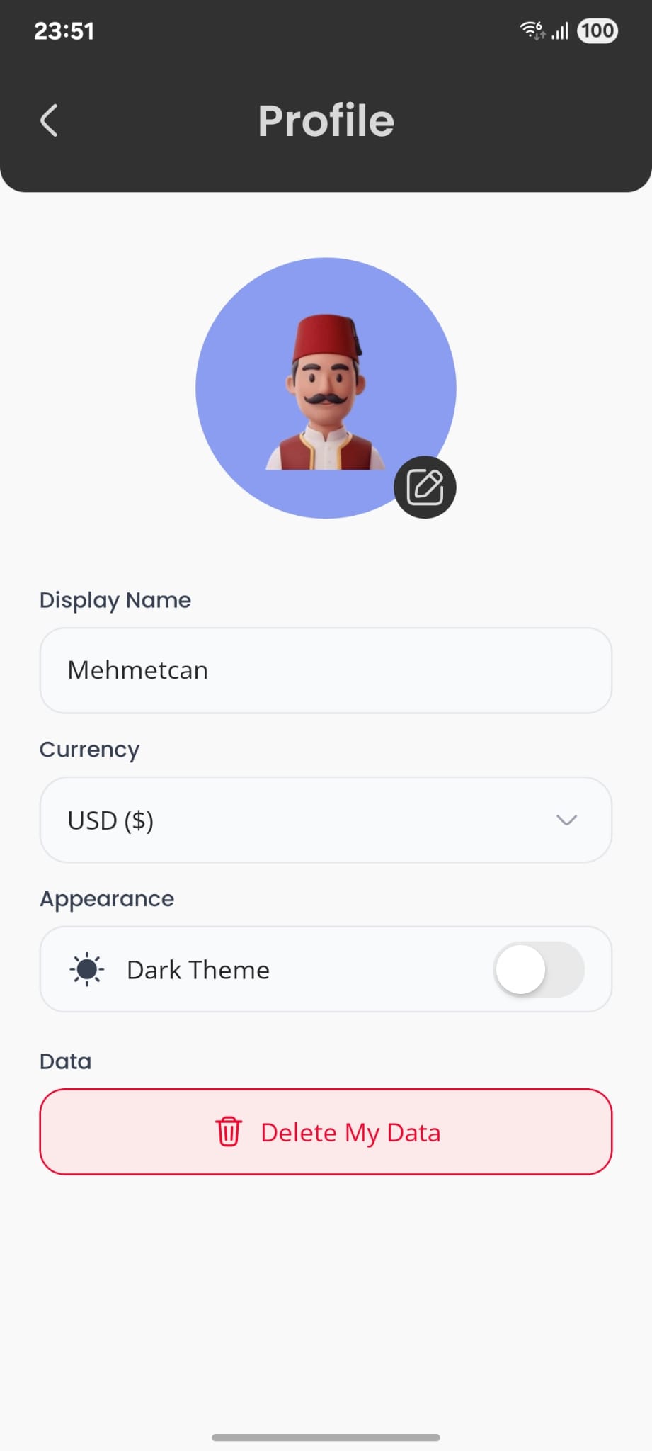 SelfFinance — Profile screen